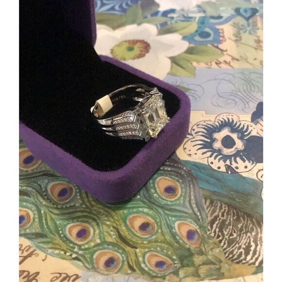 Gorgeous 9.42 Emerald Cut Four Row Wide Sim Diamond Cocktail Ring Sz 9 - Picture 3 of 4